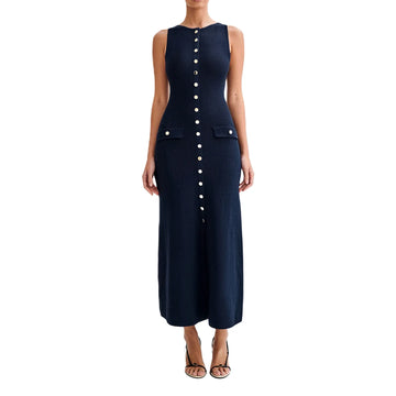 MQTIME  -  Women's Vintage Elegant Ribbed Knit Slim Sleeveless Button Down Front High Split Long Tank OL Dress for Party Club